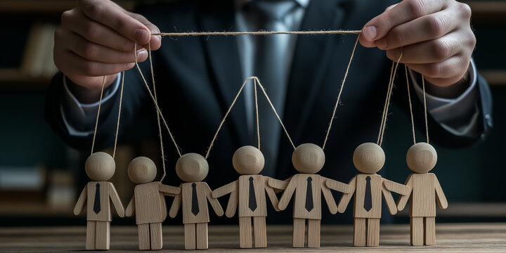 Businessman controlling team of workers using string like puppets