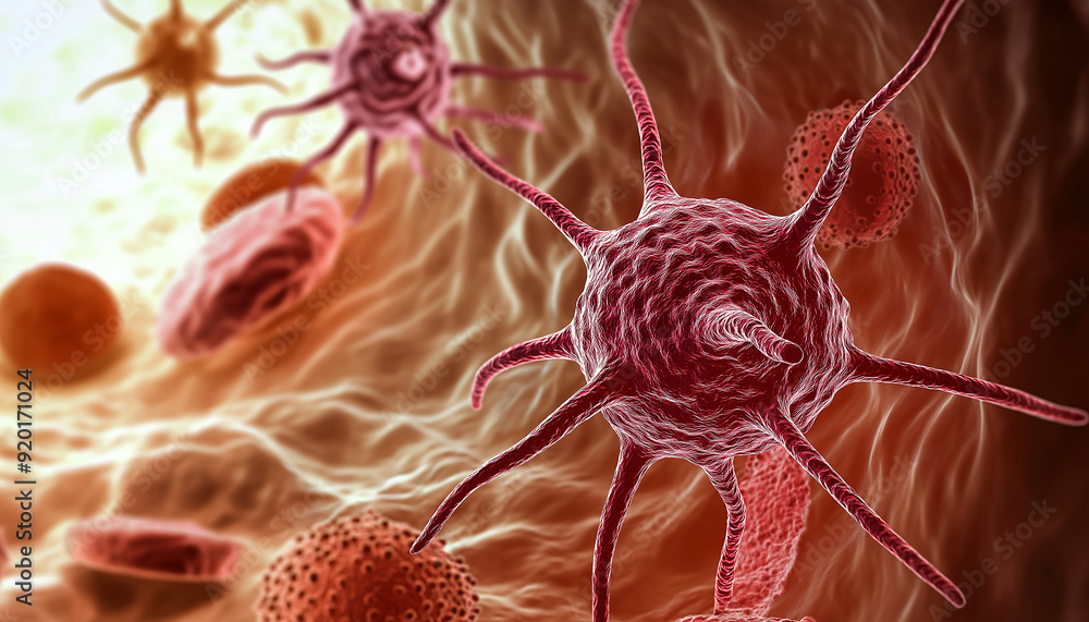 Poster Microscopic view of a virus attacking cells
