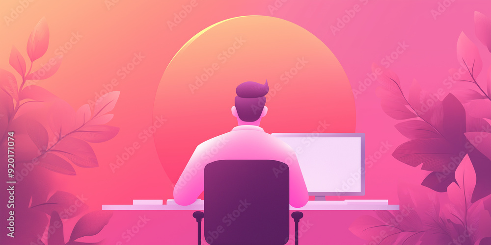 Poster freelancer is working from home on a computer at a desk