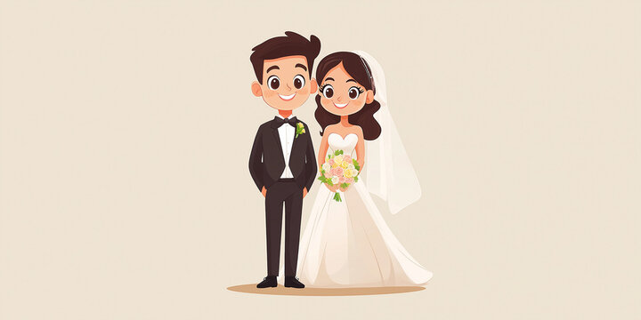 Happy cartoon bride and groom standing on wedding day - Powered by Adobe