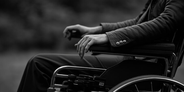 Young man resting his hands on his wheelchair in black and white - Powered by Adobe