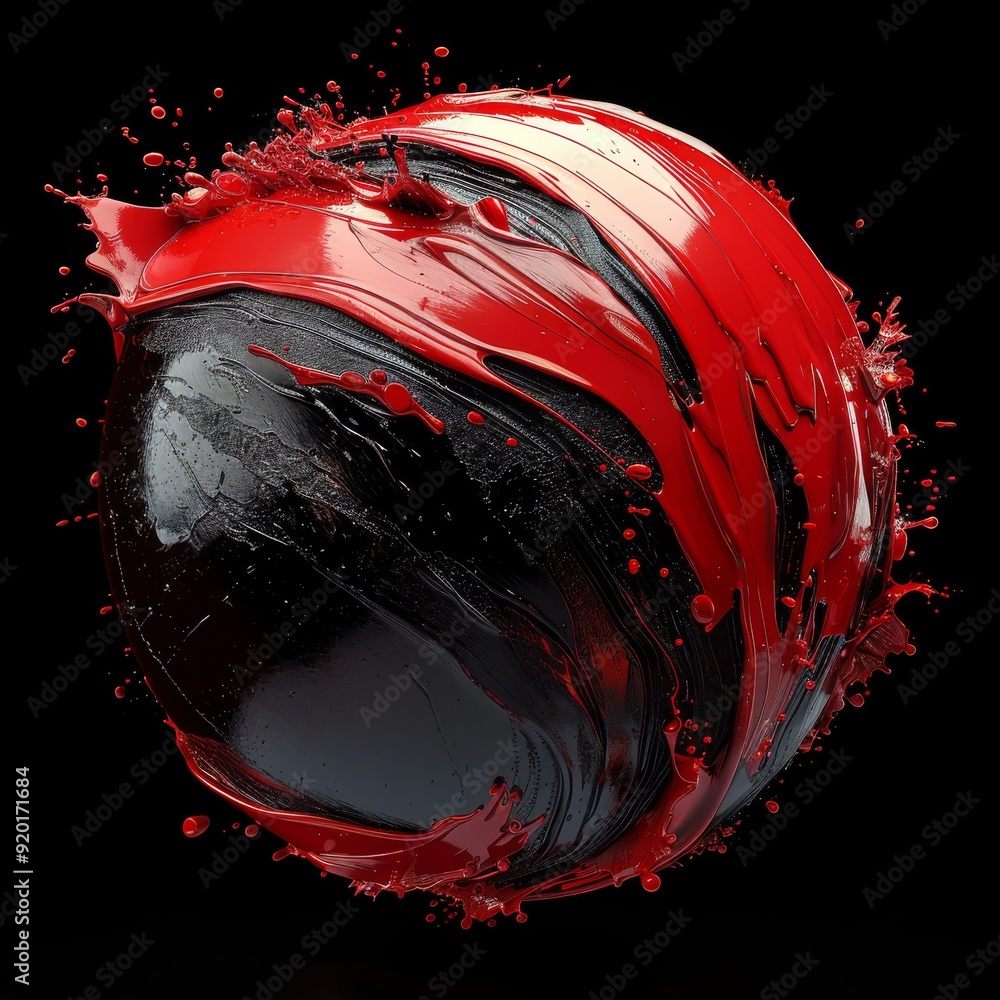 Poster a captivating 3d rendering of a spherical object, coated in black paint with vibrant red splashes, s