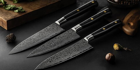 Three damascus steel kitchen knives lying on black table © Andres Mejia