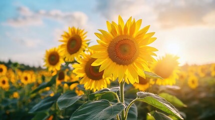 Stunning sunflowers basking in sunlight, showcasing vibrant yellow petals against a blue sky, epitomizing summer beauty.