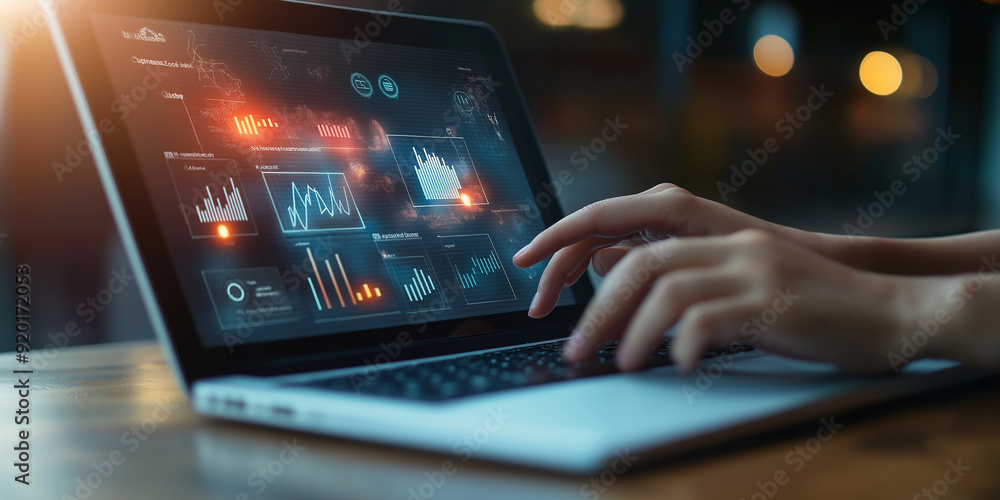 Aufkleber Businesswoman analyzing business data using data analytics technology on laptop computer