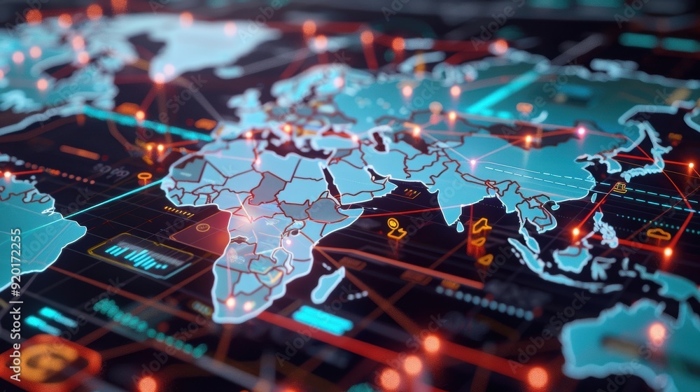 Poster stylized world map with digital connections, showcasing global network concepts and technology in a 