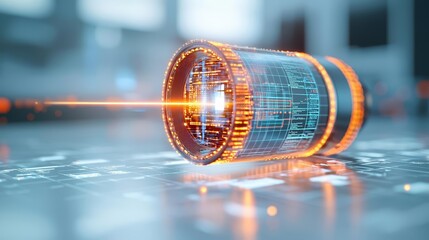 Obraz premium A glowing futuristic lens capturing a beam of light, symbolizing the transition from physical documents to digital archives with unmatched clarity