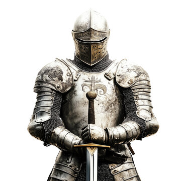A powerful knight in shining armor stands confidently, transparent background, white background