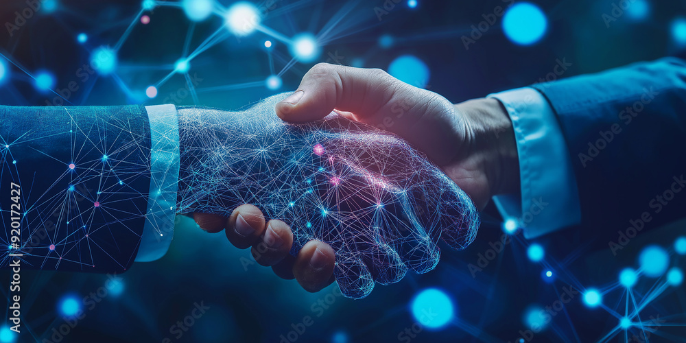 Poster Businessmen shaking hands with digital network connection visual effect