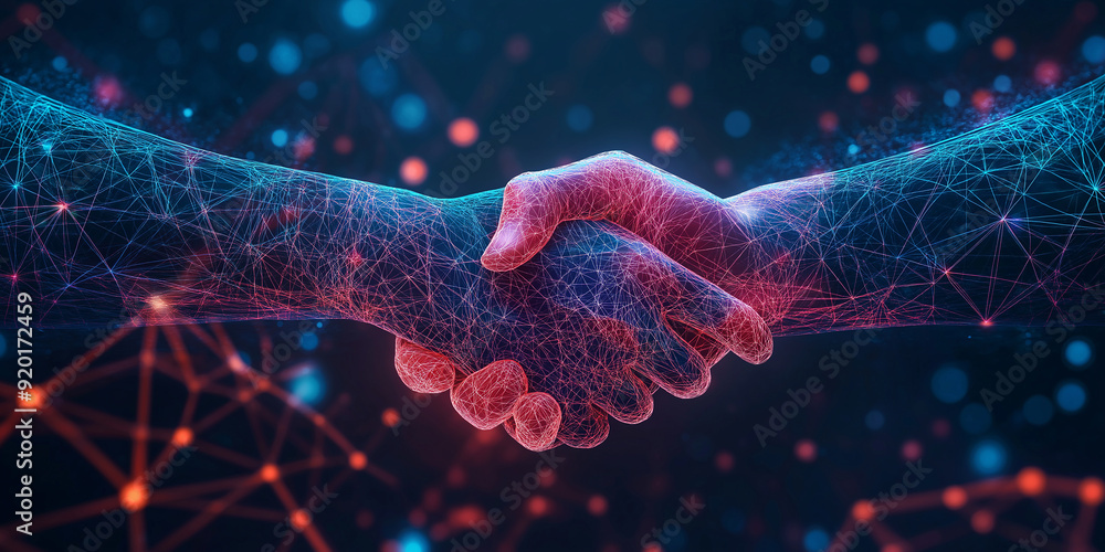 Poster two business partners shaking hands made of network mesh representing agreement