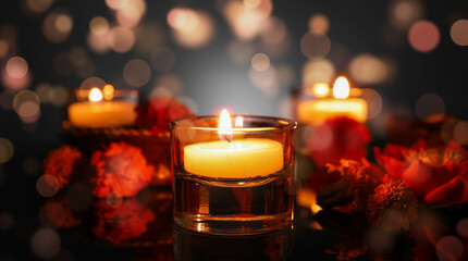 Burning candles with beautiful flowers for celebration of Divaly on dark background