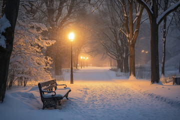 Naklejka premium Park bench and trees covered by snow in the winter season, sunset.