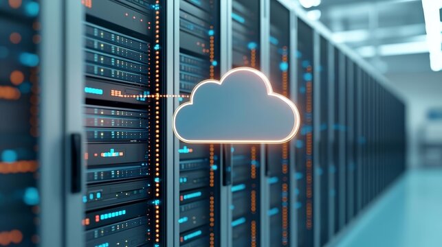 Digital data migrating from traditional servers to a glowing cloud in a high-tech server room, representing cloud adoption