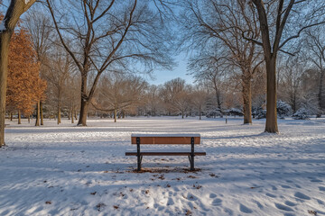 Park bench and trees covered by snow in the winter season, sunset.