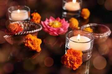 Burning candles with beautiful flowers for celebration of Divaly on dark background