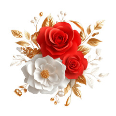 A vibrant bouquet featuring red and white roses with golden leaves, transparent background, white background