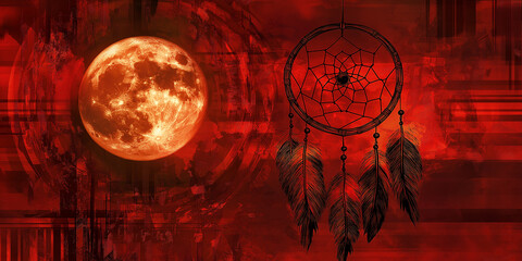 Mystical dreamcatcher hanging under the red moon on a grunge background