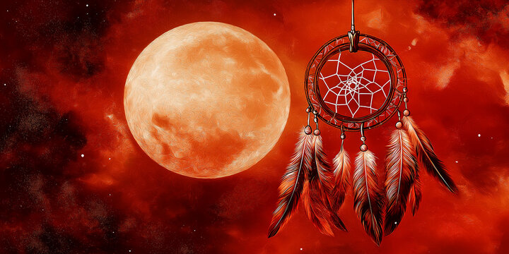 Dreamcatcher hanging on red background with full moon - Powered by Adobe