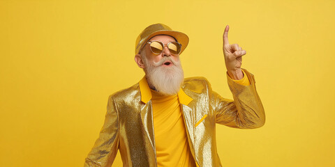 Stylish senior man wearing gold posing on yellow background