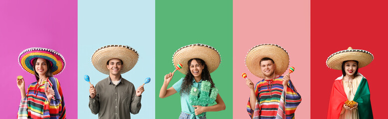 Set of many Mexican people on color background