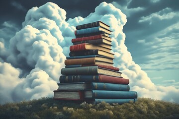 Towering Books Amidst Clouds