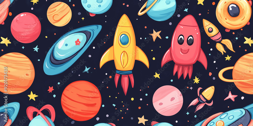 Aufkleber colorful spacecraft flying around planets in a seamless space pattern