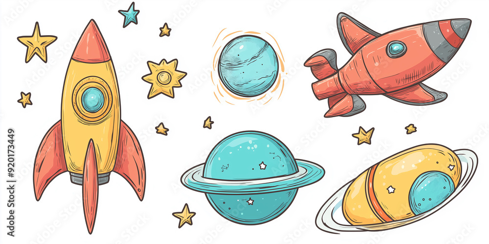 Poster spaceships exploring planets and stars in outer space