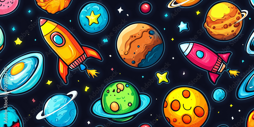 Poster spaceships exploring colorful cartoon planets in space seamless pattern