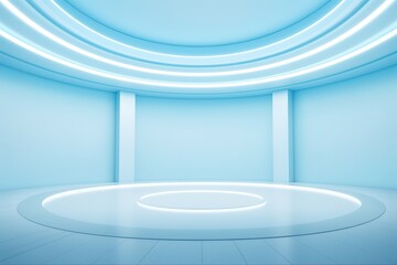Empty circular room with glowing white lines on ceiling.