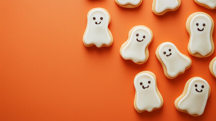 Whimsical Halloween ghost cookies with delicate royal icing on vibrant orange background with copy space
