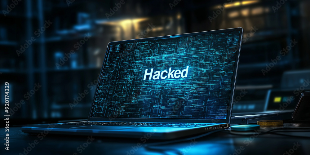 Aufkleber laptop showing hacked system in a dark server room