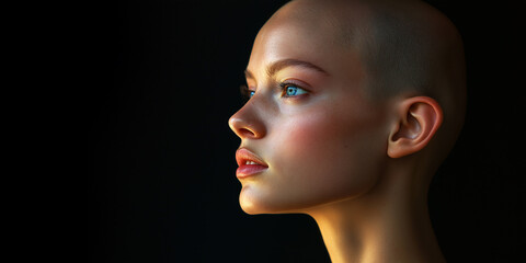 Young bald woman with blue eyes posing on black background