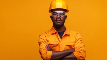 young builder man in construction uniform and safety helmet holding paint roller standing