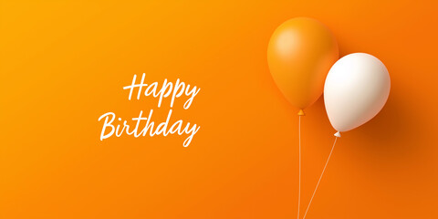 Happy birthday greeting card with balloons floating on orange background