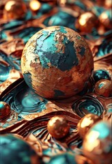 large metal ball with blue and brown paint