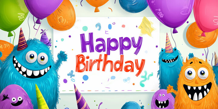 Cute monsters celebrating a happy birthday with balloons and confetti