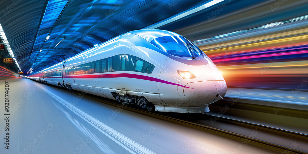 Aufkleber modern highspeed train arriving at platform in tunnel with motion blur effect
