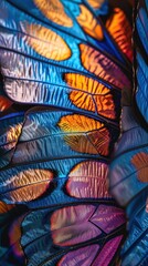 Detailed view of butterfly wings with vivid colors and unique patterns illuminated by sunlight