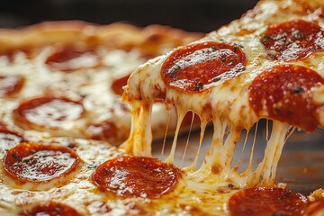 Close-up Deliciousness. A mouth-watering cheesy pepperoni pizza view