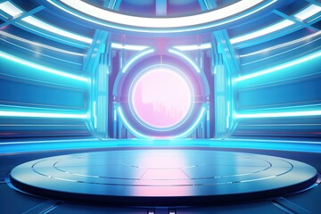 Futuristic blue and pink circular platform with glowing lights.