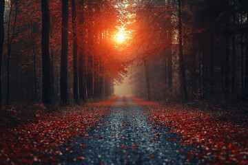 Fototapeta premium Landscape autumn season in rainy day Road Travel and Red leaves