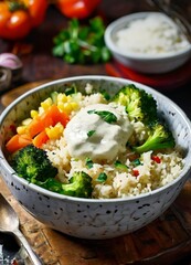 bowl rice with vegetables and spoon