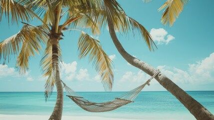 Fototapeta premium A hammock hangs between two palm trees on a white sand beach and turquoise ocean.