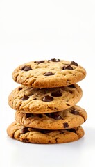 stack chocolate chip cookies on white background