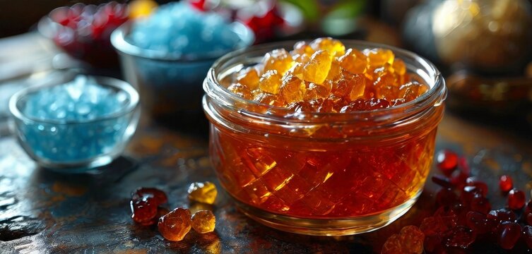 jar filled with orange and blue candis