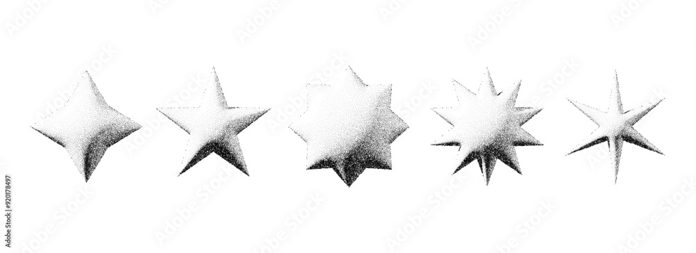 Poster Black stippled star set. 3d dotted textured flares and sparkles collection. Halftone grainy noise starburst shape bundle. Dotwork grunge asterisk and stars elements. Vector pack