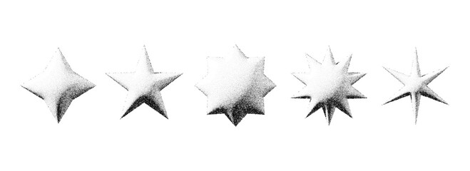 Black stippled star set. 3d dotted textured flares and sparkles collection. Halftone grainy noise starburst shape bundle. Dotwork grunge asterisk and stars elements. Vector pack