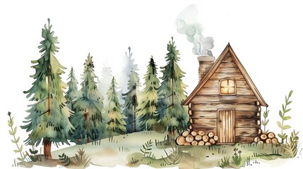 Forest cabin with smoke rising from the chimney,Clipart, watercolor illustration, Perfect for nursery art The style is hand  drawn, white background