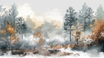Misty morning in the forest,Clipart, watercolor illustration, Perfect for nursery art The style is hand  drawn, white background
