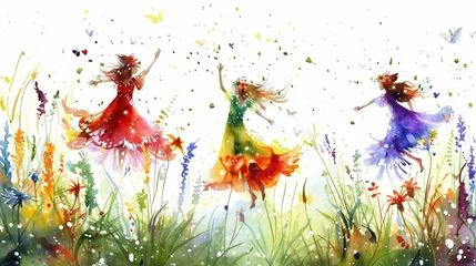 Foto auf Acrylglas Feen und Elfen Fairies dancing in a sunlit glade,Clipart, watercolor illustration, Perfect for nursery art The style is hand  drawn, white background  © Sukifli Dakheng